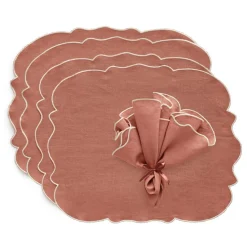 Gia Textile Set 4 Placemats + 4 Napkins, White / Dusty Pink