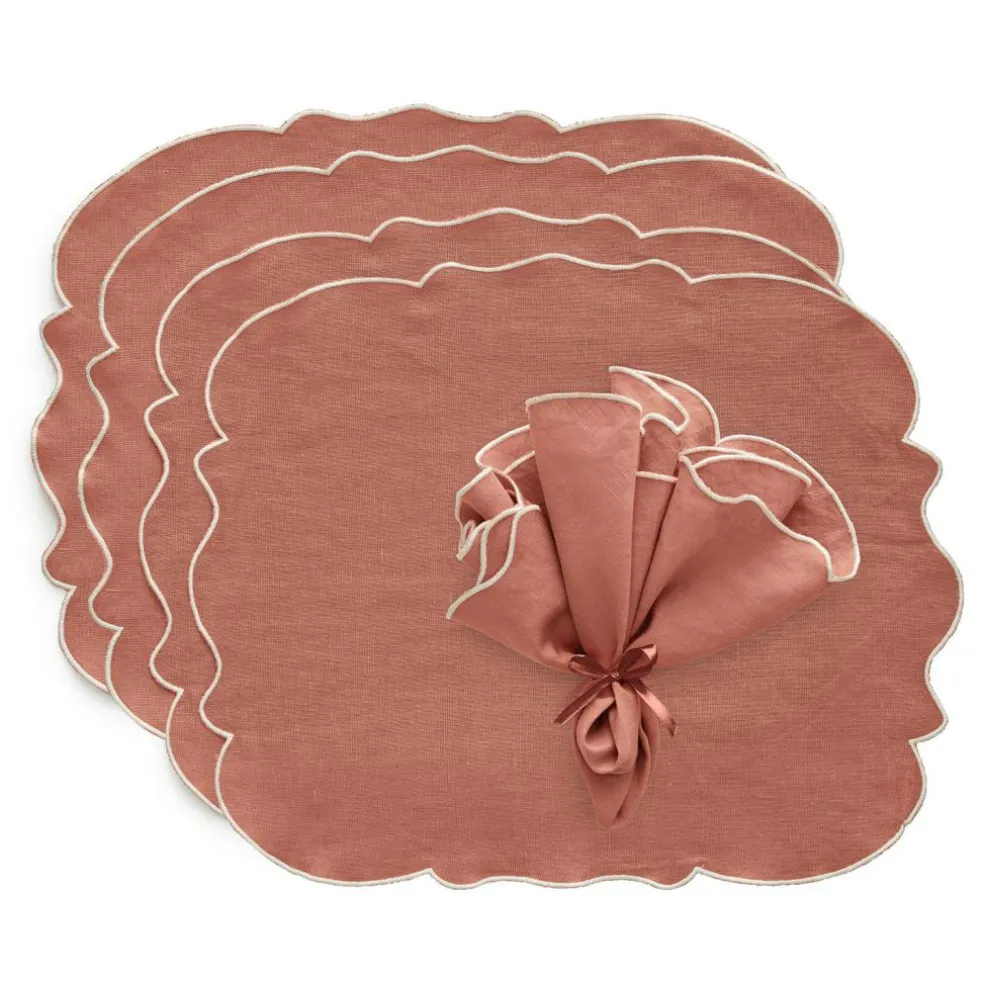 Gia Textile Set 4 Placemats + 4 Napkins, White / Dusty Pink