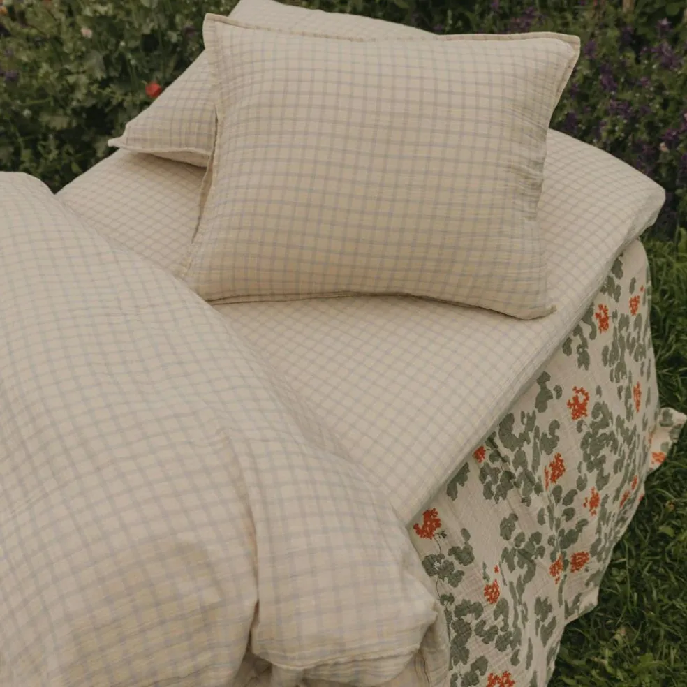 Gingham Sky Blue Muslin Fitted Sheet Double, 140x200 cm