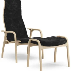 Lamino Armchair With Footstool Sheepskin, Black / Lacquered Beech