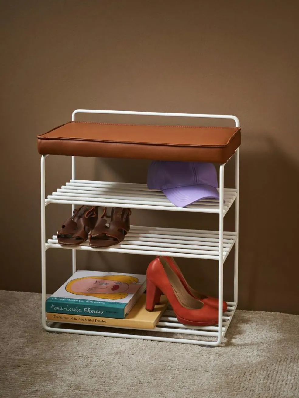 Lower East Shoe Rack, White / Cognac