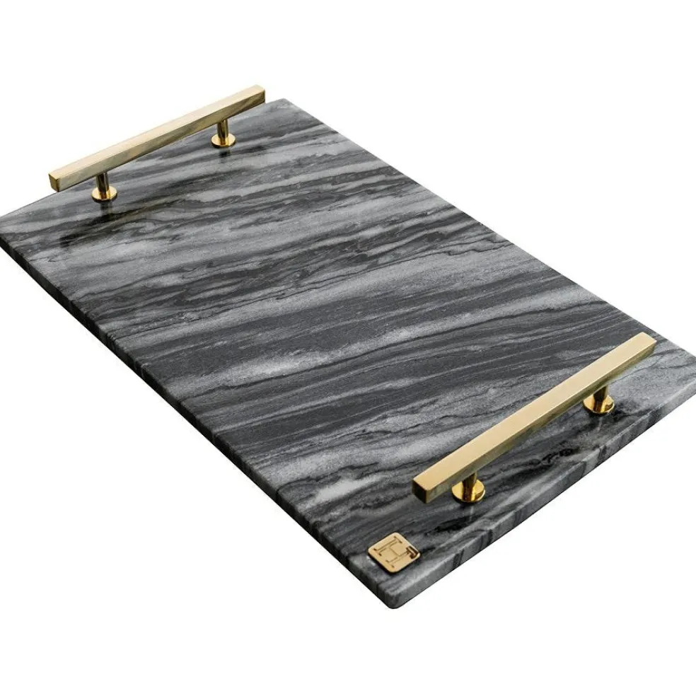 Marble Tray With Handles 40,5x25,5 cm, Grey / Brass
