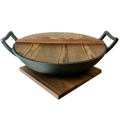 Nabe Cast Iron Wok Pan With Wooden Lid & Glass Lid Ø36 cm/6 L