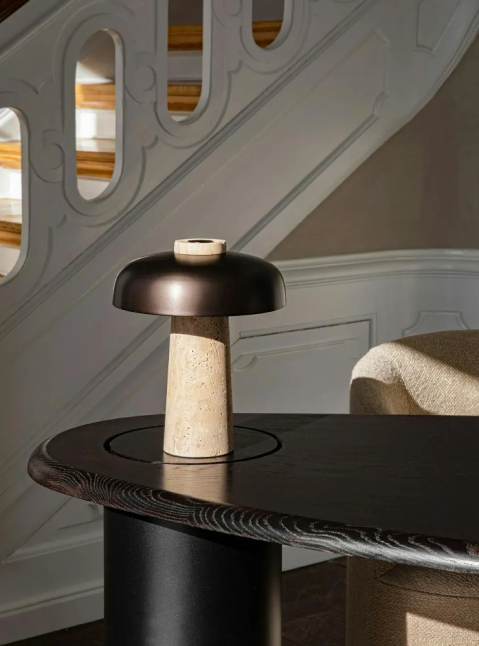 Reverse Table Lamp, Travertine / Bronzed Brass