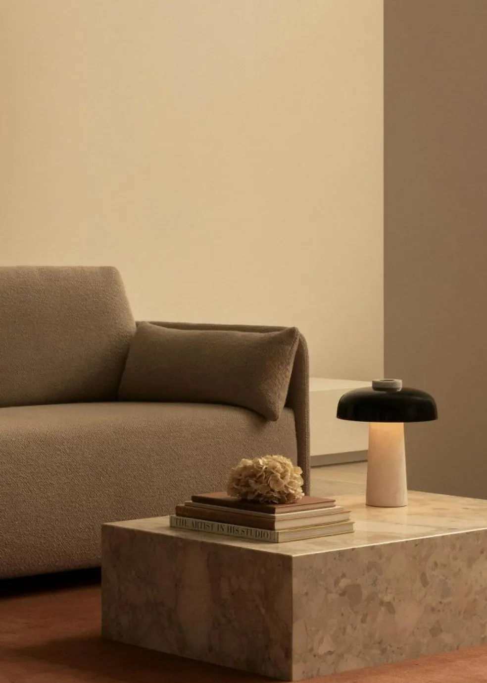 Reverse Table Lamp, Travertine / Bronzed Brass