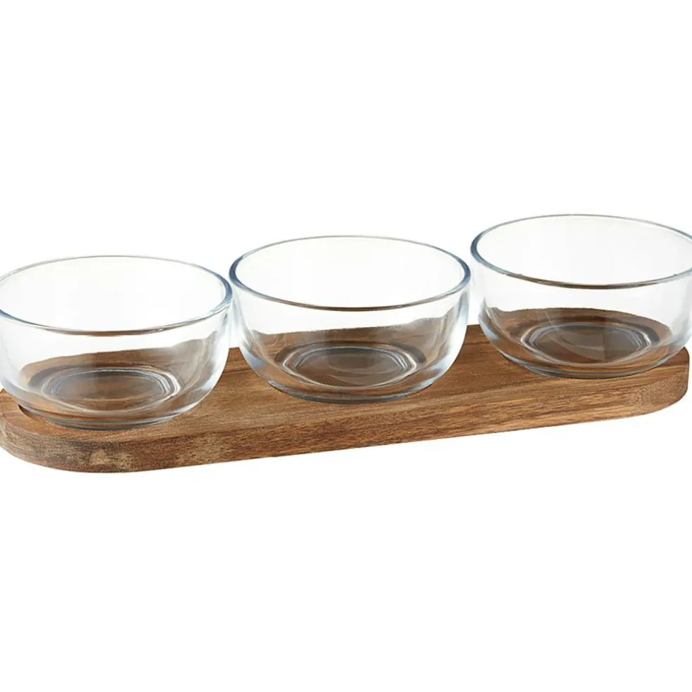 Uri serving set 3 glass, wooden tray