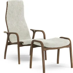 Lamino Armchair With Footstool, Natural lacquered Walnut / Sheepskin Moonlight
