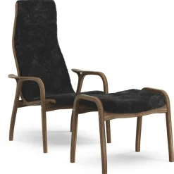 Lamino Armchair With Footstool, Natural lacquered Walnut / Sheepskin Moonlight