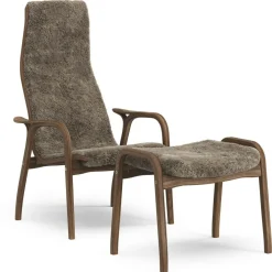 Lamino Armchair With Footstool, Natural lacquered Walnut / Sheepskin Moonlight
