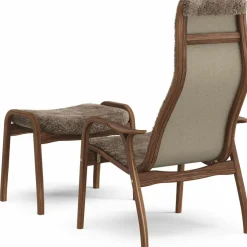 Lamino Armchair With Footstool, Natural lacquered Walnut / Sheepskin Moonlight