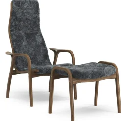 Lamino Armchair With Footstool, Natural lacquered Walnut / Sheepskin Moonlight