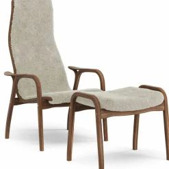 Lamino Armchair With Footstool, Natural lacquered Walnut / Sheepskin Moonlight